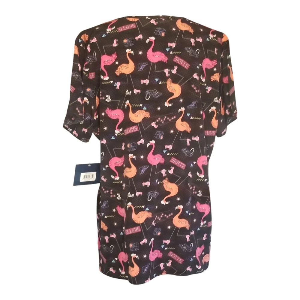Colorful Flamingo Print Women's Short Sleeve Scrub Top - Picture 4 of 7
